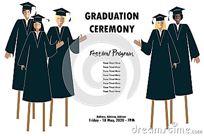 Young students guys and girls banner. Graduation festival border. Happy Graduates on stilts Vector Illustration