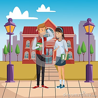 Young students outside of high school Vector Illustration