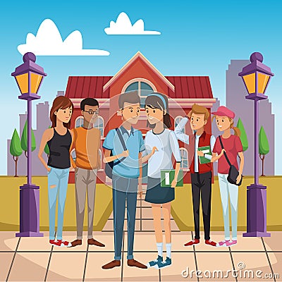 Young students outside of high school Vector Illustration