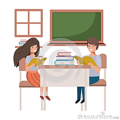 Young students sitting in school desk Vector Illustration