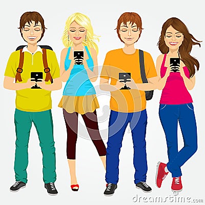 Young students using mobile phones Vector Illustration