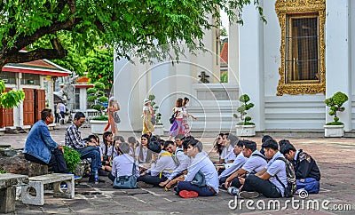 Young students visit Wat Pho temple Editorial Stock Photo