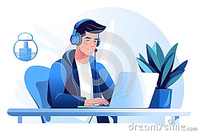 Young study from home concept, wear headphone siting on chair and working on laptop, Generated AI Stock Photo