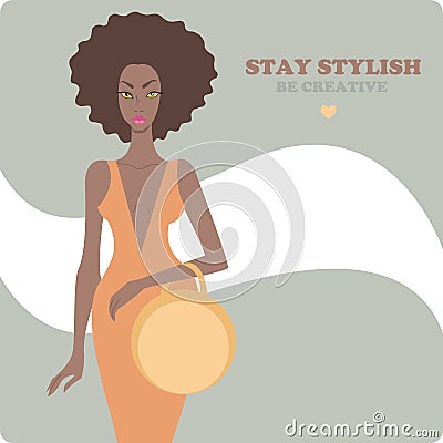 Young stylish African American beautiful woman wearing luxury dress and holding designer bag. Fashion model vector Vector Illustration