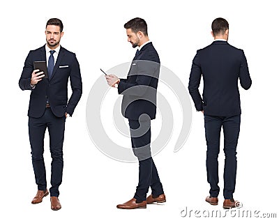 Young stylish businessman using tablet front, side, rear view is Stock Photo