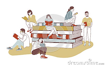 Young stylish male and female readers dressed in trendy apparel sitting on stack of giant books or beside it and reading Vector Illustration