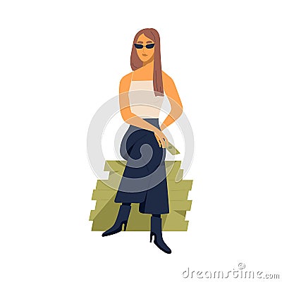 Young stylish millionaire woman sitting on large pile of money. Concept of richness and wealth. Modern rich arrogant Vector Illustration