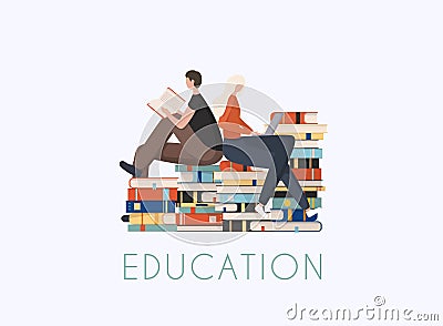 Young stylish people readers sitting on stack of giant books or beside it and reading Vector Illustration
