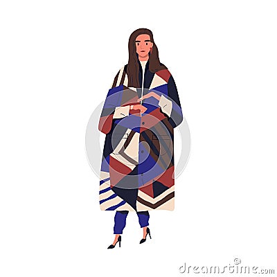 Young stylish woman in fashionable autumn outerwear. Female character demonstrating trendy clothes. Cheerful woman in Vector Illustration