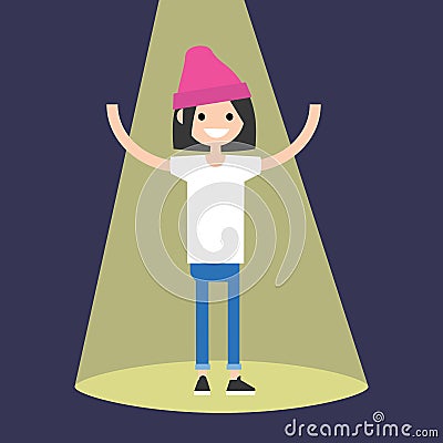 Young successful brunette girl standing in the spotlight / flat Cartoon Illustration