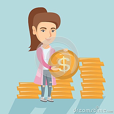 Young successful business woman with dollar coin. Vector Illustration