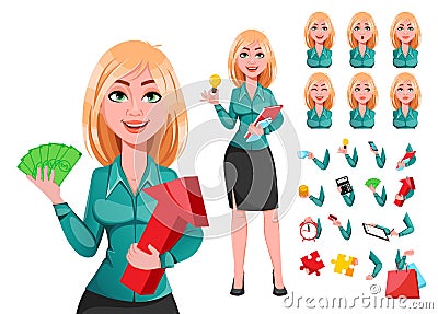 Young successful business woman, pack of body parts, emotions and things Vector Illustration