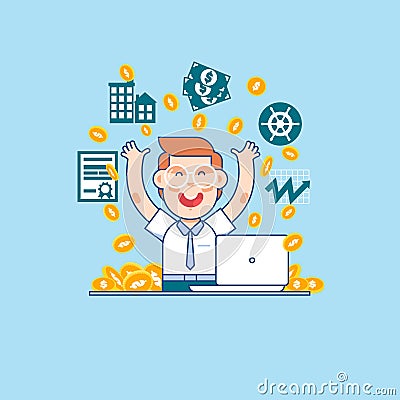 Young successful businessman. Happy manager or business man getting a lot of money. Business concept cartoon illustration Vector Illustration