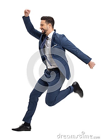 Young successful manager jumping in the air isolated Stock Photo