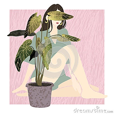 Young summer woman sitting behind a potted house plant Vector Illustration