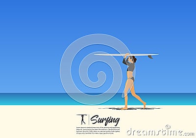 Young surfer girl carrying surfboard on her head and walking on white sand beach Vector Illustration