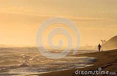 A young surfer goes with his dog on the beach during sunrise Stock Photo