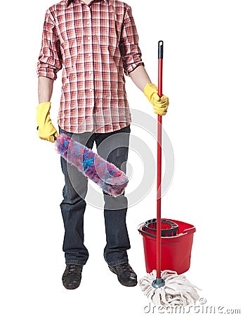 Young sweeping man workwear. Isolated Stock Photo