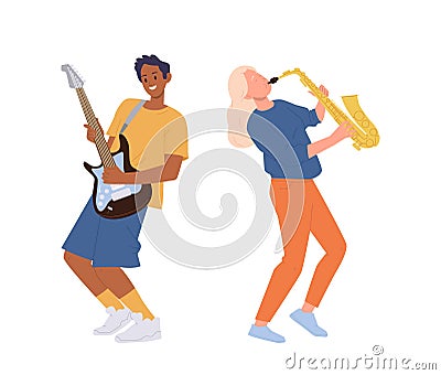 Young man and woman cartoon characters playing guitar and saxophone isolated on white background Vector Illustration