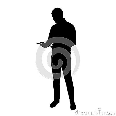 Young tall man standing and holding tablet Vector Illustration