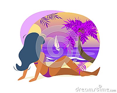 Young Tanned Woman in Bikini Sit on Sandy Beach Vector Illustration