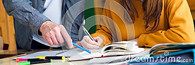 Young teacher helping his student in chemistry class. Education, Tutoring and Encouragement concept. Stock Photo