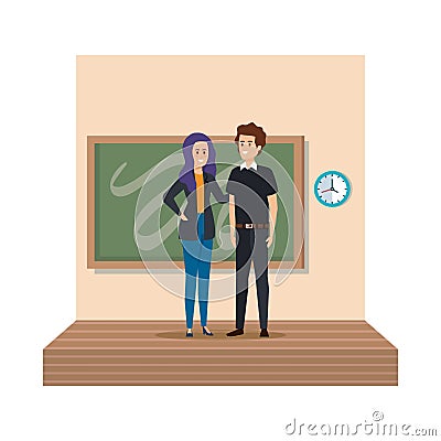 Young teachers couple with chalkboard in classroom scene Vector Illustration