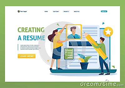 Young team creates a resume, applicant, applicant concept. Flat 2D character. Landing page concepts and web design Vector Illustration
