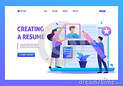 Young team creates a resume, applicant. Flat 2D character. Landing page concepts and web design Stock Photo