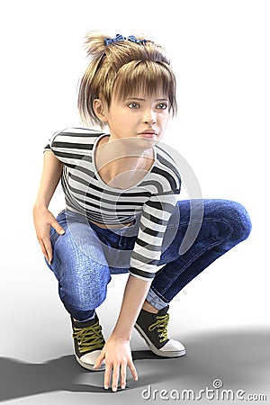 Young Teen Child CGI Character in action pose ready to run isolated Stock Photo