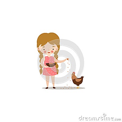Cute little girl feeding chicken with birdseed. Raster illustration in flat cartoon style Vector Illustration