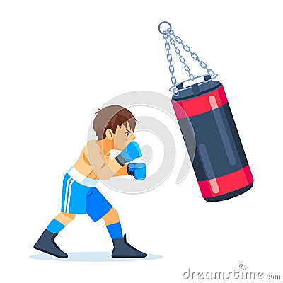 A young teenage boxer trains with a sandbag for boxing. Fitness, sports, exercise, willpower and lifestyle concept Vector Illustration