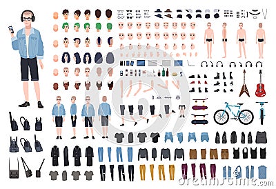 Young teenage boy DIY kit. Set of teenager`s body parts in different positions, various subcultures` attributes, clothes Vector Illustration