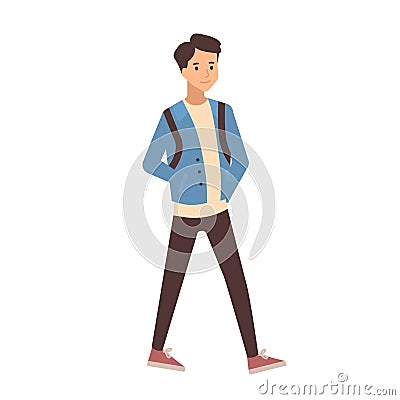 Young teenage boy dressed in casual clothes walking to school. Portrait of pupil, university or college student isolated Vector Illustration