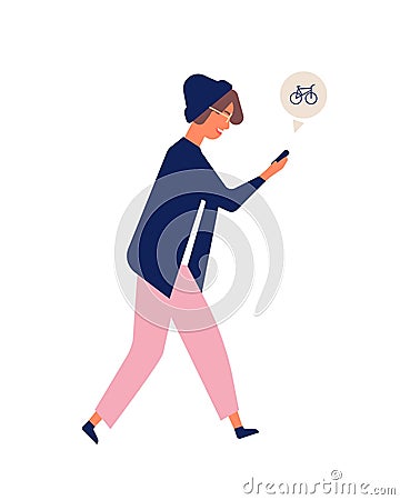 Young teenage man in hat using electronic gadget while walking. Funny adorable boy surfing internet on mobile phone Vector Illustration