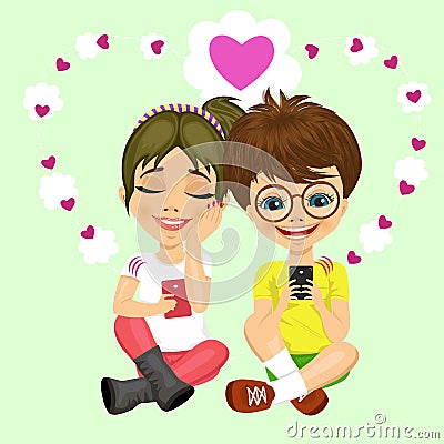 Young teenager boy with glasses and girl sending love messages Vector Illustration