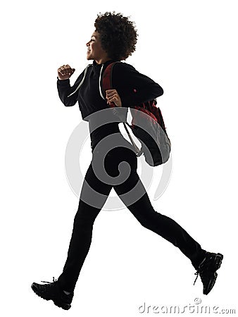 young teenager girl woman running smiling shadow silhouette isol Stock Photo