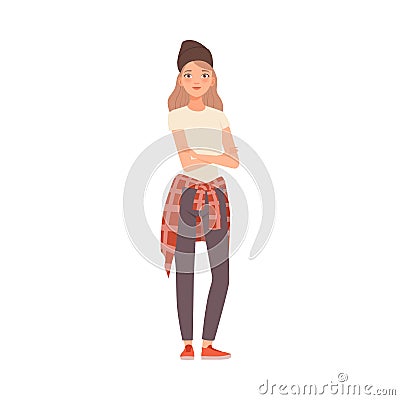 Young Woman Stands With Hands Crossed Smiling Flat Vector Illustration Vector Illustration