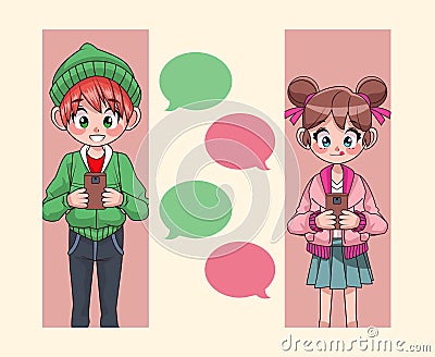 young teenagers couple chatting with smartphones anime characters Vector Illustration