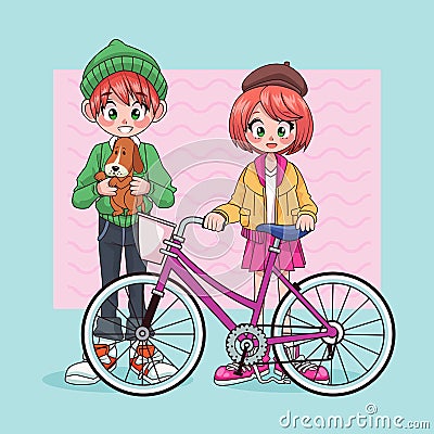 young teenagers couple with dog and bicycle characters Vector Illustration