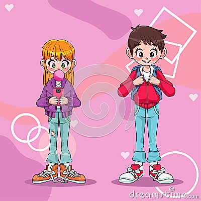 young teenagers couple with schoolbag and smartphone characters Vector Illustration