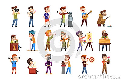 Young teenagers hobby set. Cartoon kids characters. Collecting stamps, football, chess, photography, sports, diving Vector Illustration