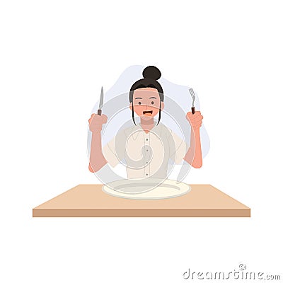 Young Thai Student Dining with Cutlery on Campus Vector Illustration