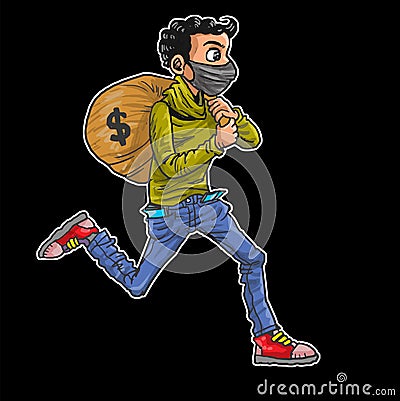 Young thief running in the dark night with sack of money Vector Illustration