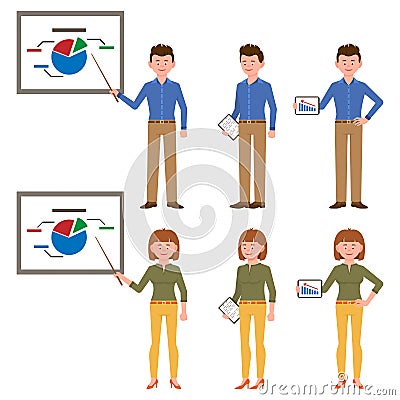 Man and woman vector illustration. Standing with pointer, presentation, notes, hands on hips funny guy and lady cartoon character Vector Illustration