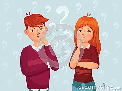 Young thinking couple. Confused teenagers, worried thoughtful students and teenager think cartoon vector illustration Vector Illustration