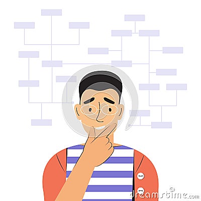 Young thoughtful man solves complex work tasks. Puzzled male character. Working with big data, analyzing and auditing Vector Illustration