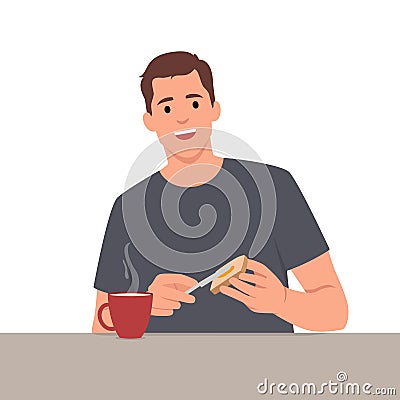 Young thoughtful smiling pensive man boy character making toast spreading butter on bread at breakfast lunch dinner at home Vector Illustration