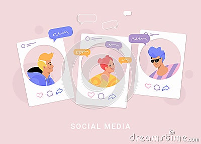 Young three teenagers chatting and texting together in social media pages as profiles Vector Illustration