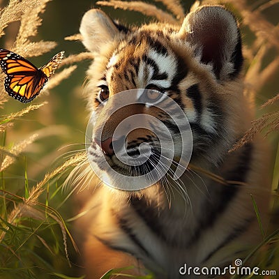 young tiger cub watching a butterfly Stock Photo